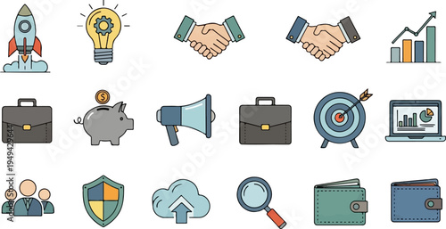 Collection of Business and Finance Icons Representing Success and Growth.