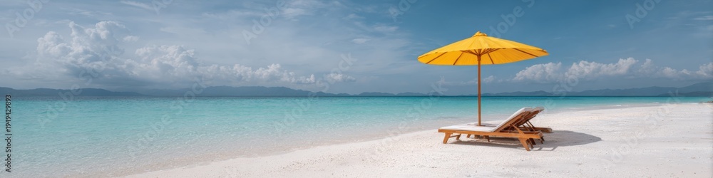 Fototapeta premium Tropical beach with yellow umbrella and lounge chairs on white sand by turquoise water calm seascape horizon for relaxation and vacation