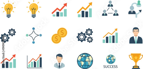 Business and finance icon set with lightbulbs gears charts coins and global success.