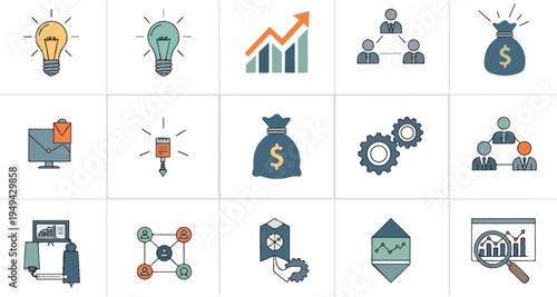 Business and finance icons set with lightbulbs money bags gears and charts.