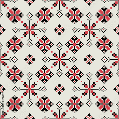 Traditional folk art floral geometric pattern with red and black motifs on white background seamless design