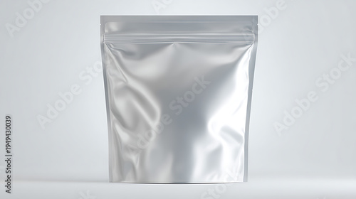 Blank silver foil pouch mockup isolated on clean white background for professional branding design and commercial product packaging