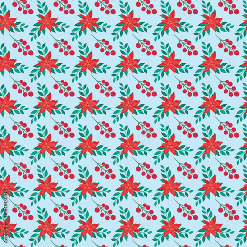 Seamless pattern of red poinsettia flowers and holly berries on pale blue background