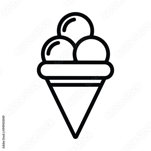 Simple Line Art Icon of an Ice Cream Cone with Three Scoops