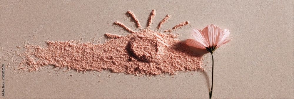 Obraz premium Pink powdered sun drawing single cosmos stem on neutral surface horizontal floral powder art composition