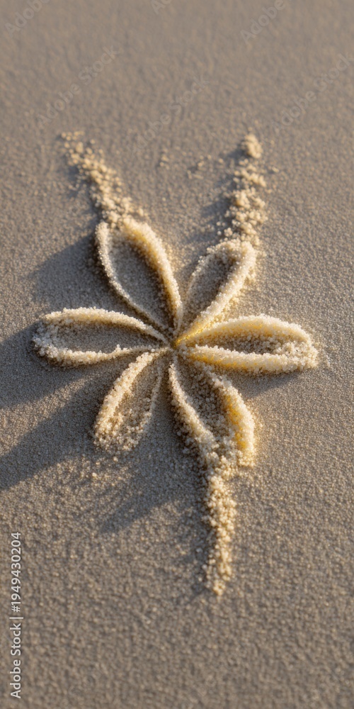 Obraz premium Star shaped sand flower pattern with petal grooves and textured trails sunlit beach abstract botanical design