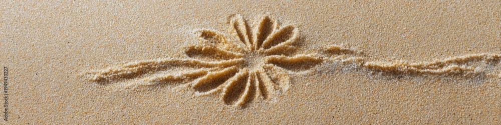 Naklejka premium Delicate sand flower pattern plumeria petals linear trail beach relief floral impression on fine grain shoreline