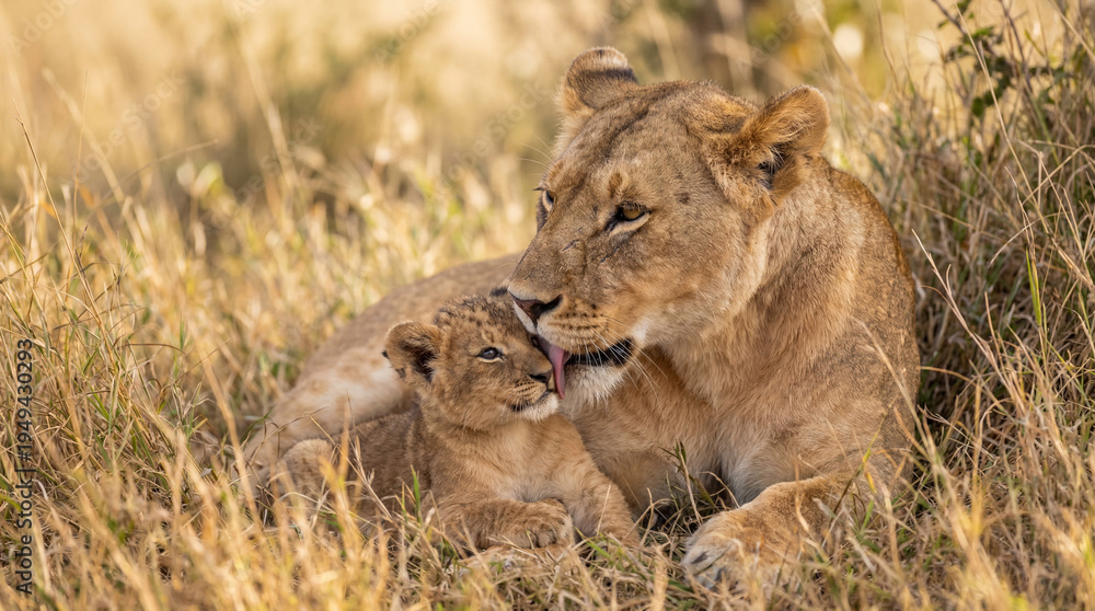 Naklejka premium Lioness Snuggling with Her Cute Cub