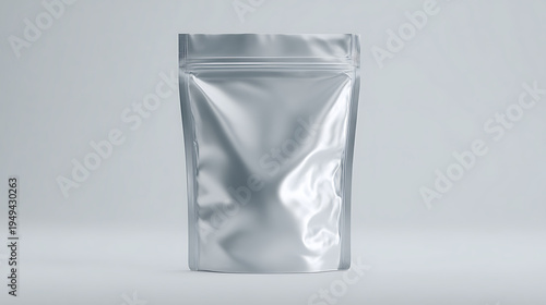 A standalone metallic silver stand-up pouch with a visible zipper seal is centered on a light grey background.