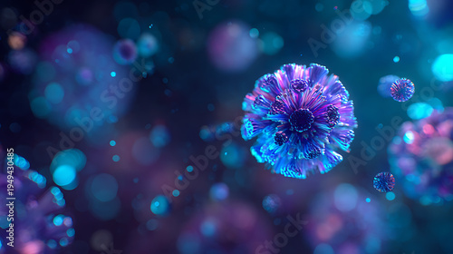 Microscopic view of virus particles floating in blue liquid atmosphere 