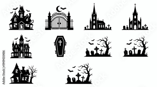 Set of black halloween silhouettes featuring spooky haunted houses, dark graveyards and gothic gates, concept for horror party invitation, festive graphic design and seasonal event decoration