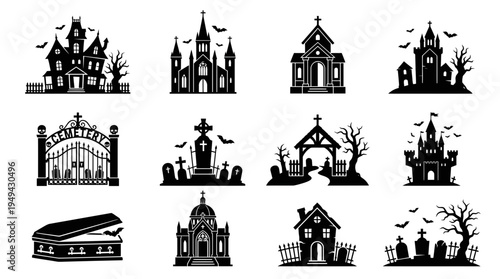 Set of black silhouettes featuring gothic haunted houses, cemetery gates, churches and spooky coffins, concept for halloween decoration, graphic design projects and dark fantasy illustration