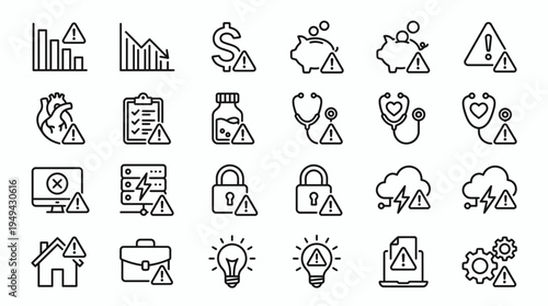 Set of black outline warning signs icons featuring financial health data and security alerts, concept for risk management presentation, crisis communication strategy and corporate auditing