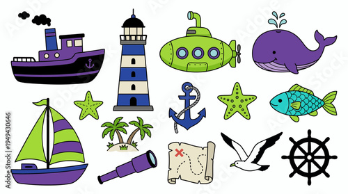set of colorful sea and nautical icons including ships, lighthouse, submarine and marine animals, concept for children education, travel design and nautical decoration