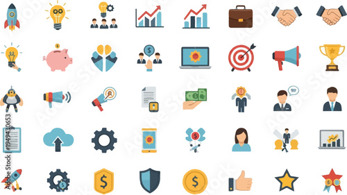 Comprehensive collection of business and finance flat icons for modern digital projects.