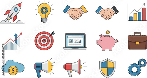 Business and finance icon set with rocket lightbulb handshake charts target laptop piggy bank briefcase cloud megaphone shield and gears.