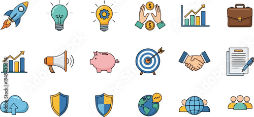 Set of Business and Technology Doodle Icons for Startup and Success.