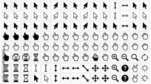 Collection of pixelated mouse cursor icons and interface pointers in black and white, concept for user interface design, software application development and web navigation system