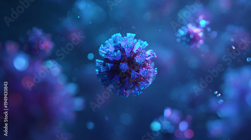 Glowing blue and purple virus floatng on a dark background