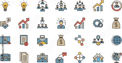 Collection of business and finance related icons in a doodle style.