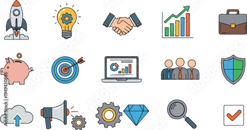 Business and finance icons set including rocket lightbulb handshake growth chart briefcase piggy bank target laptop team shield cloud upload megaphone gears diamond magnifying glass and checkmark.
