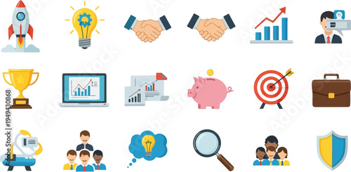Business and Finance Icon Set with Rocket Lightbulb Handshake Chart Trophy Laptop Piggy Bank Target Briefcase Magnifying Glass and Shield.