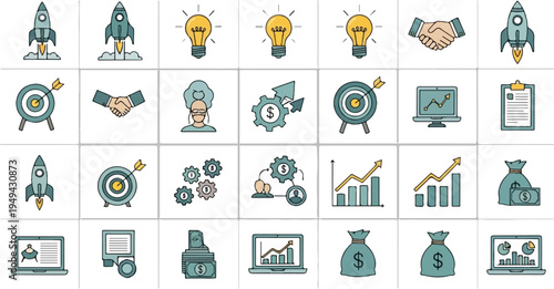 Business and finance icons set with rockets lightbulbs handshakes targets gears charts and money bags.