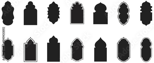 Arabic Islamic Door Frame and Arabian Arch Silhouette Set, Flat Middle Eastern Architecture Elements with Mosque Style Doorways and Decorative Frames for Ramadan, Eid Design