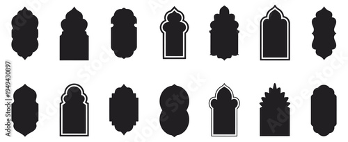 Islamic Door and Arabian Arch Frame Set, Flat Arabic Architecture Silhouette Collection with Mosque Style Doors and Decorative Arches, Middle Eastern Geometric Design Elements