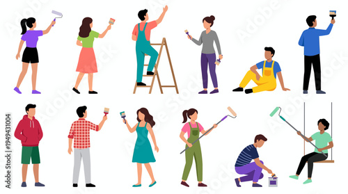 diverse group of professional painters and interior decorators working with brushes and rollers, concept for renovation project, home improvement service and creative construction design