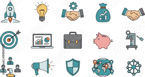 Collection of business and finance related icons in a flat design style.