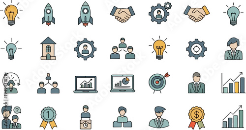 Collection of Business and Startup Icons Representing Innovation and Teamwork.