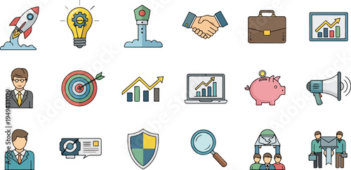 Business and Finance Icon Set Rocket Lightbulb Target Handshake Briefcase Charts Piggy Bank Megaphone Magnifying Glass Shield and People.
