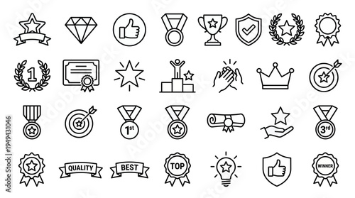 Set of thin line icons for awards medals trophies and achievements on white background, concept for business marketing strategy, corporate employee recognition and professional quality branding