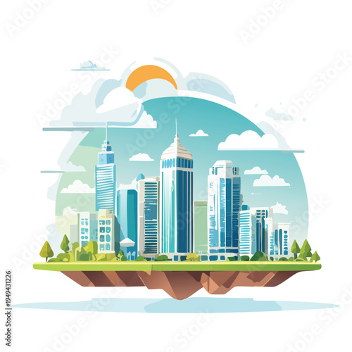 Modern cityscape floating island under sunny sky illustration