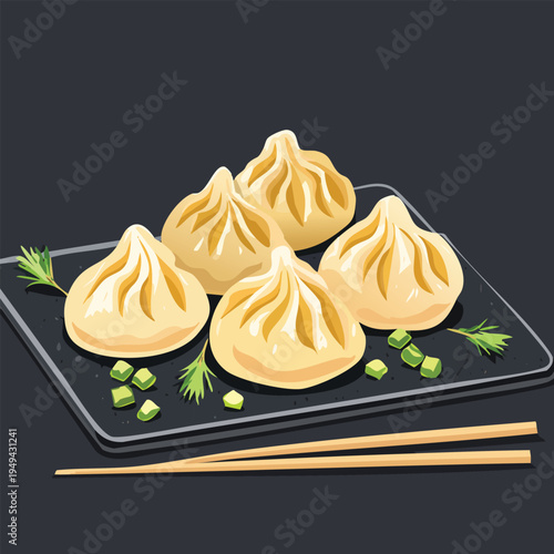 Steamed dumplings on a plate with chopsticks and green garnishes