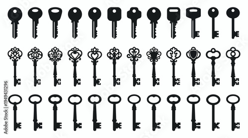 Set of various vintage and modern key silhouettes isolated on white background, concept for home security presentation, antique collection catalog and real estate branding