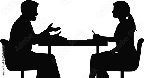 Business interview meeting between manager and candidate, professional discussion and recruitment communication concept, office silhouette vector illustration