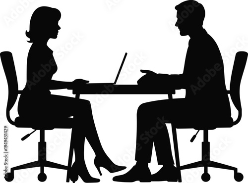Business interview discussion between recruiter and candidate with laptop on desk, professional hiring communication concept silhouette vector illustration