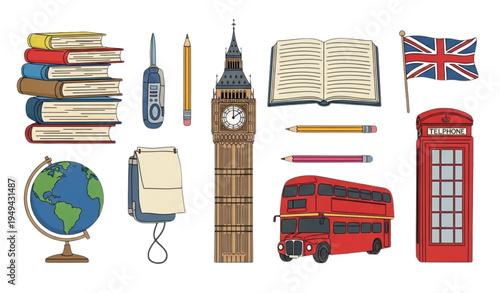 English Learning Vector Set with Books and Iconic British Symbols