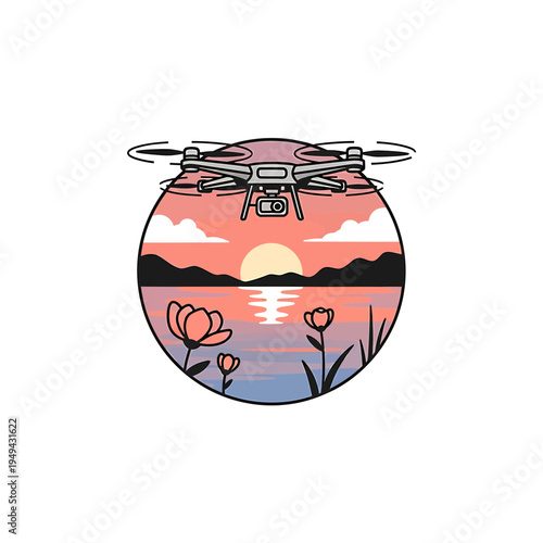 Drone Flying Over Lake at Sunset Emblem