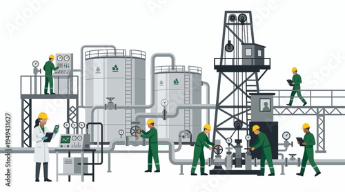 flat illustration of petroleum refinery site with mechanical engineers and chemical technicians, concept for energy industry production, oil extraction management and fuel infrastructure operation