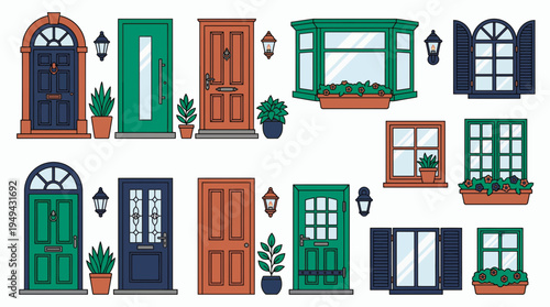 set of flat vector illustrations featuring diverse residential doors, windows and potted plants, concept for architectural design, home renovation projects and real estate marketing