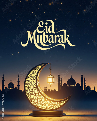 Eid Mubarak Greeting with Crescent Moon Lantern and Mosque Night Background