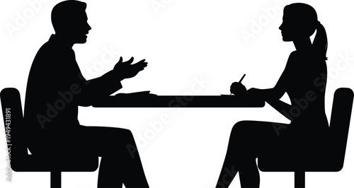 Business job interview between manager and candidate at office table, recruitment discussion and hiring communication concept silhouette vector illustration