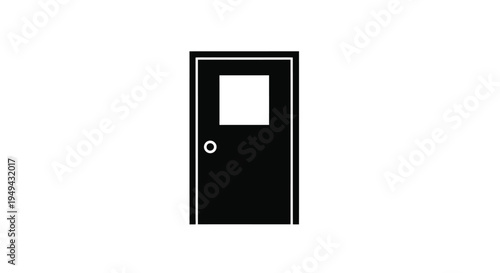 Minimalist depiction of a black door with a single window and doorknob