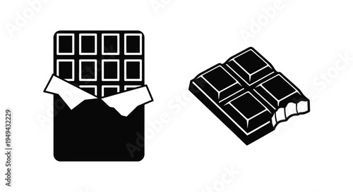 Black and white illustration of a chocolate bar whole and broken