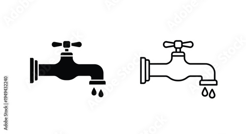 Two black and white depictions of a water faucet with dripping water