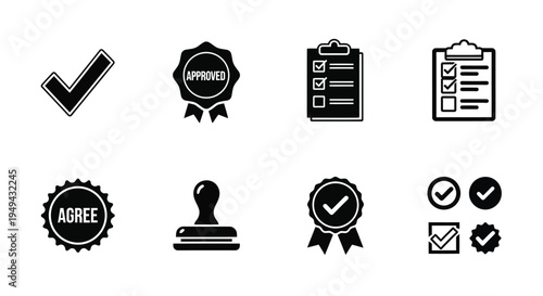 Collection of black and white approval agreement and verification icons