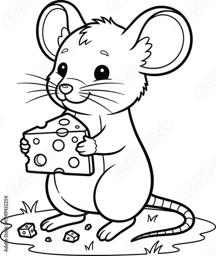Cute Mouse Holding Cheese Coloring Page for Kids Kawaii Cartoon Mouse Line Art